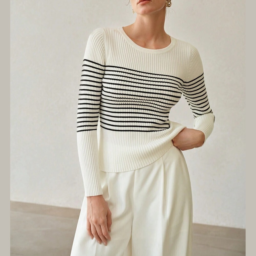 Cream Ribbed Knit Black Striped Crew Neck Sweater - Picture 1 of 8